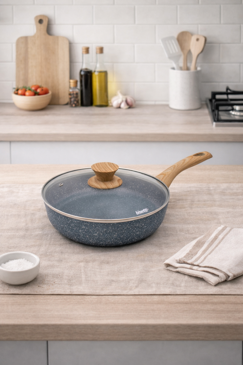 Poêle À Frire - 24 Cm - Pierre Gourmet - Avec Couvercle En Bois