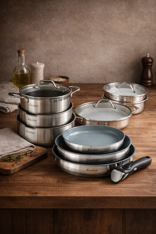 Stackable Non-Stick Cookware Set with Removable Handle, 10 Pieces - Silver