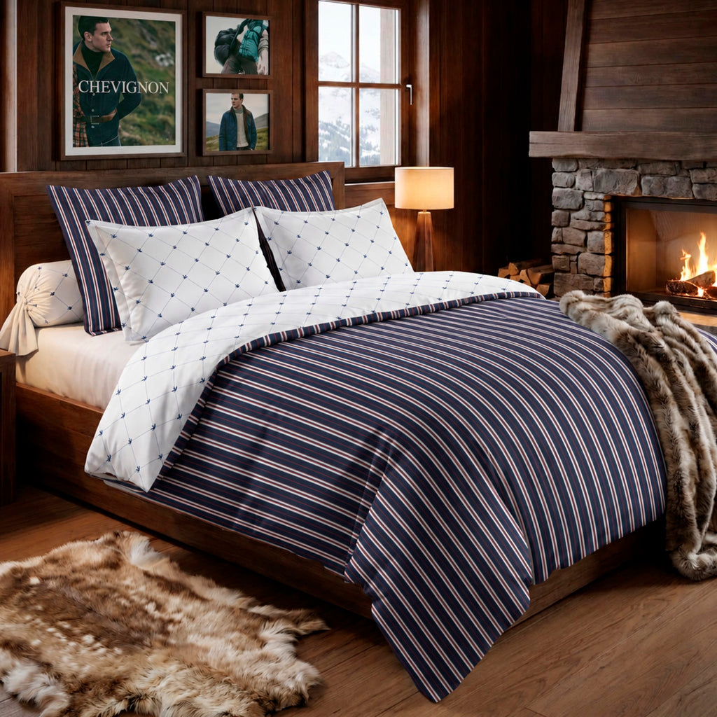 Cotton Satin Duvet Cover + Pillowcase - Ligne Atlantique Blue / White