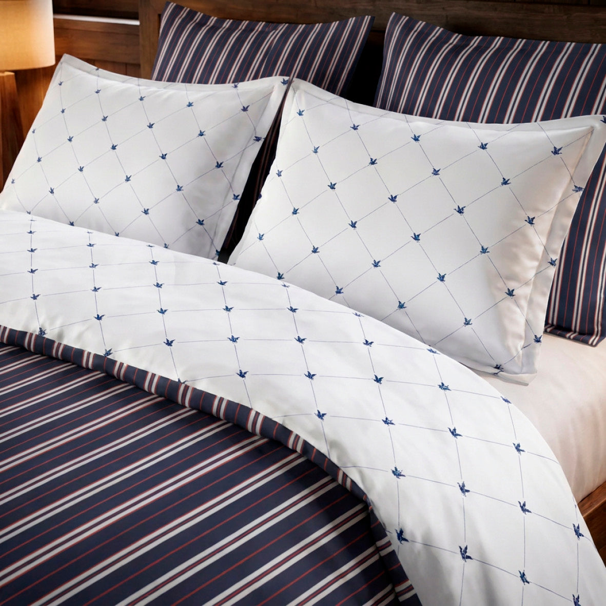 Lenzuolo Cordonetto In Raso Di Cotone - Ligne Atlantique Blu / Bianco