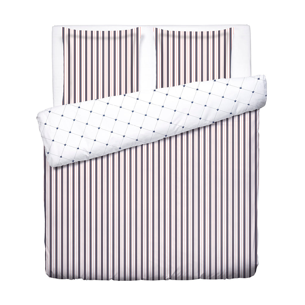 Cotton Satin Duvet Cover + Pillowcase - Ligne Atlantique White / Blue