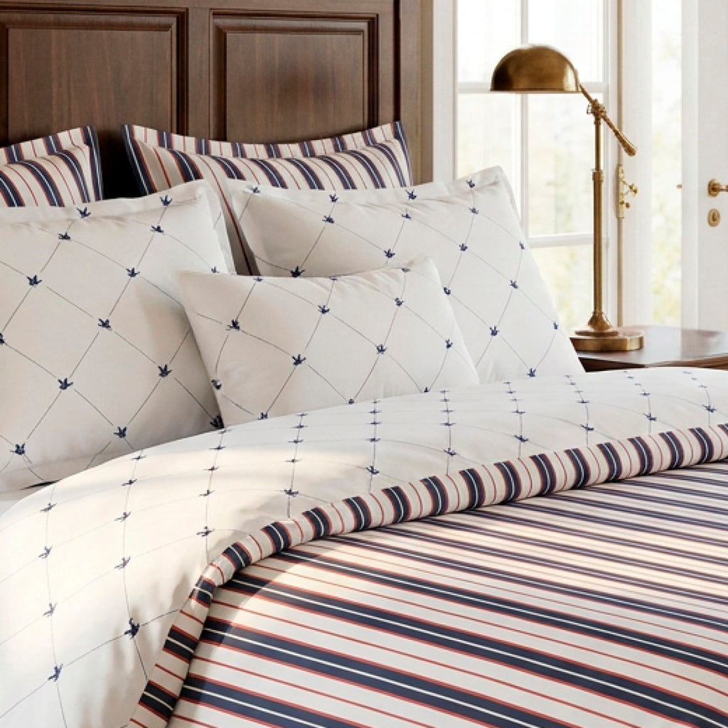 Cotton Satin Duvet Cover + Pillowcase - Ligne Atlantique White / Blue