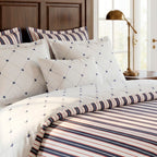 Cotton Satin Duvet Cover + Pillowcase - Ligne Atlantique White / Blue