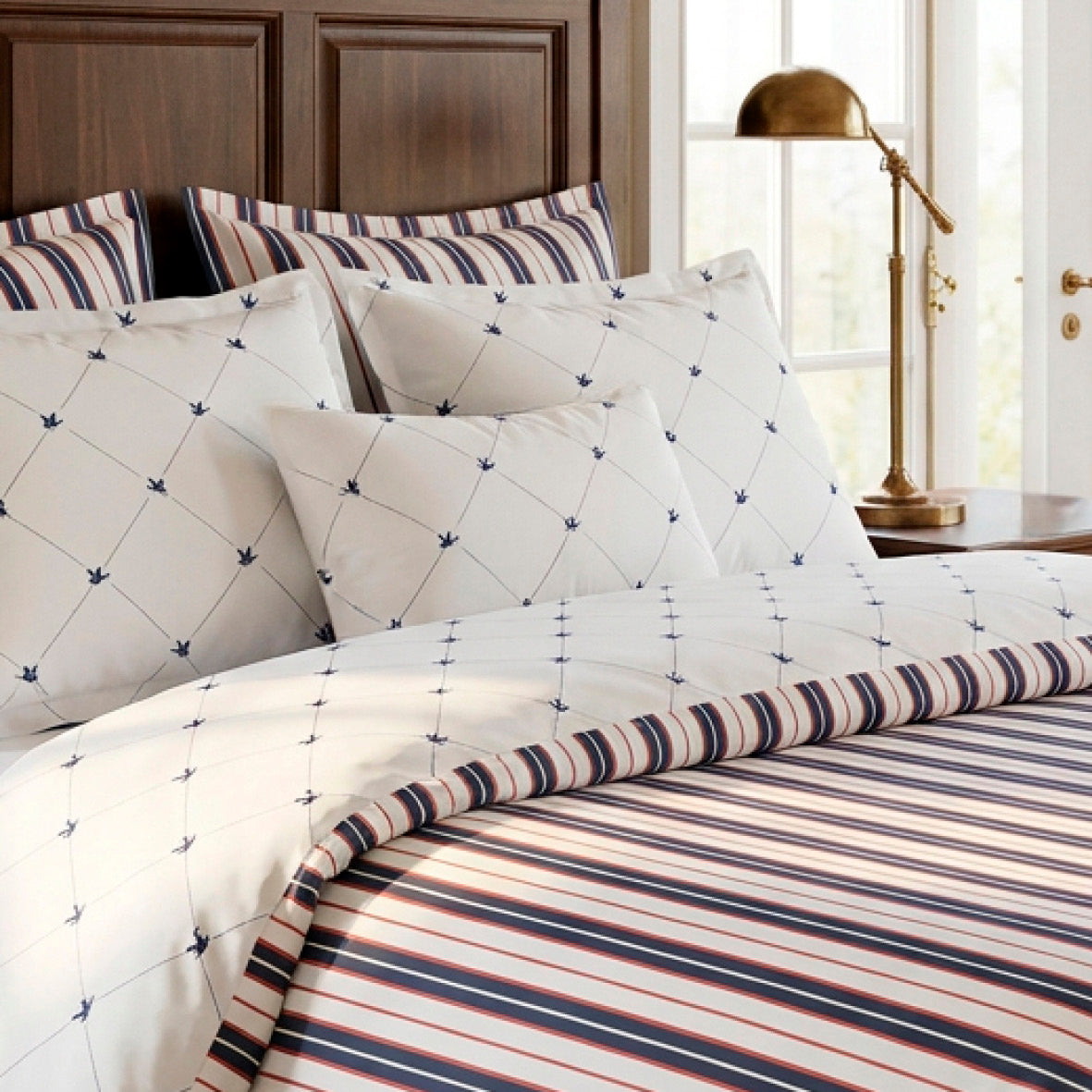 Cotton Satin Duvet Cover + Pillowcase - Ligne Atlantique White / Blue