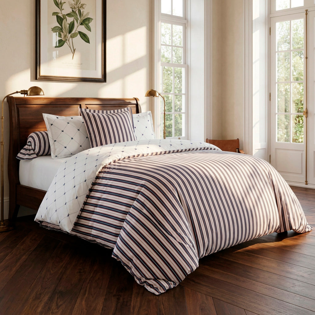 Cotton Satin Duvet Cover + Pillowcase - Ligne Atlantique White / Blue