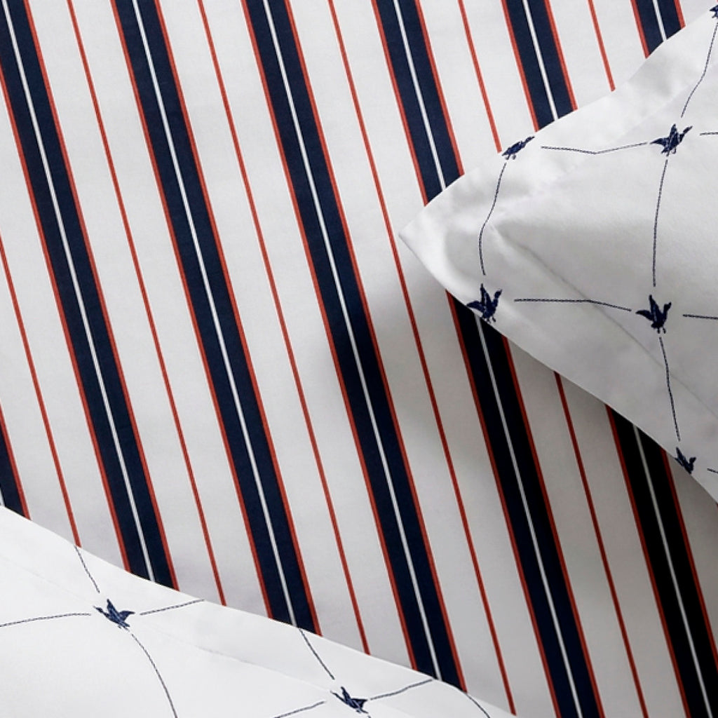 Cotton Satin Duvet Cover + Pillowcase - Ligne Atlantique White / Blue