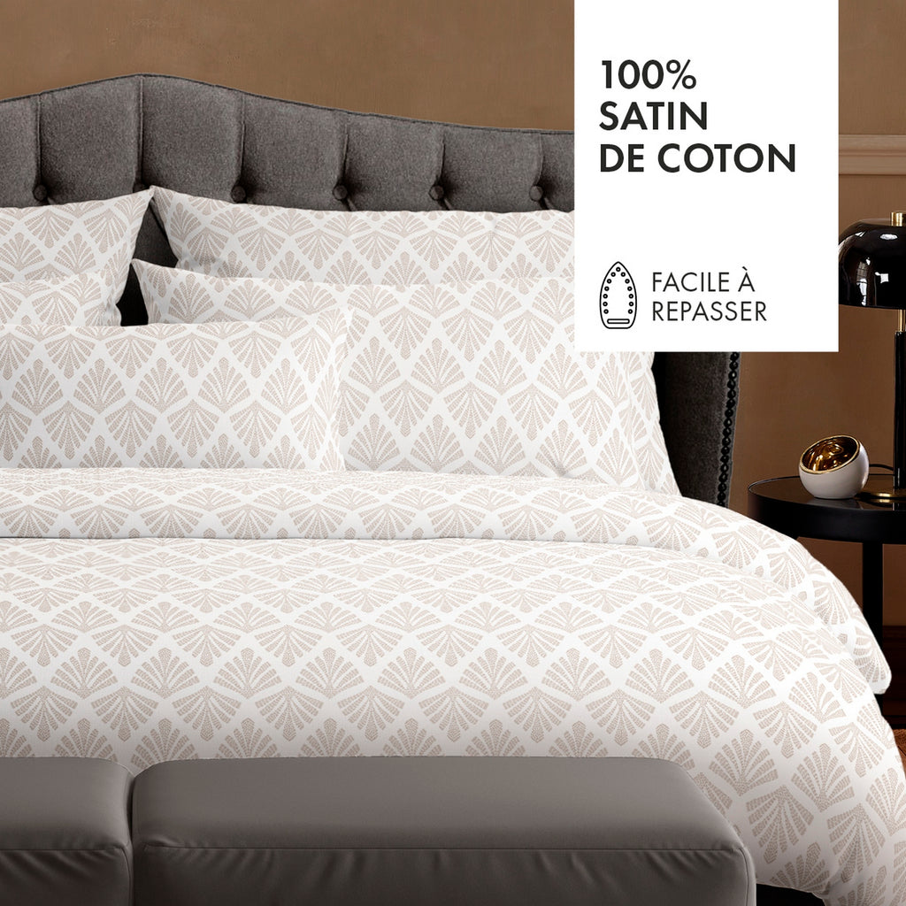 Housse De Couette + Taie D'Oreiller Satin De Coton - Vibrance Végétale Blanc / Blanc