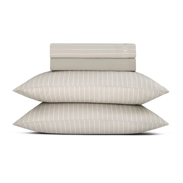 Completo Lenzuola In Raso Di Cotone - Righe Classiche Tortora