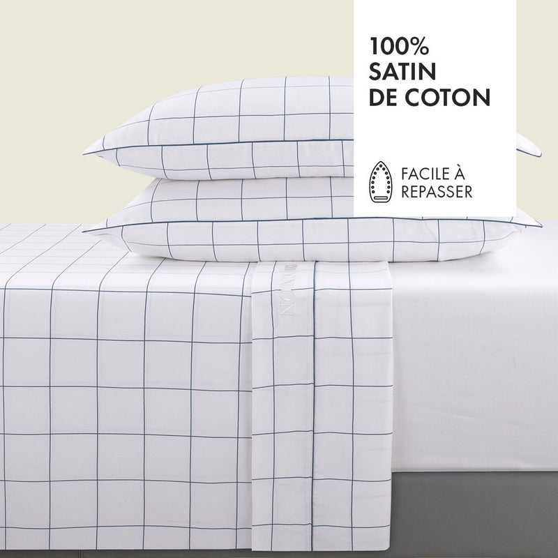 Ensemble De Draps Satin De Coton Motif À Carreaux Blanc / Bleu