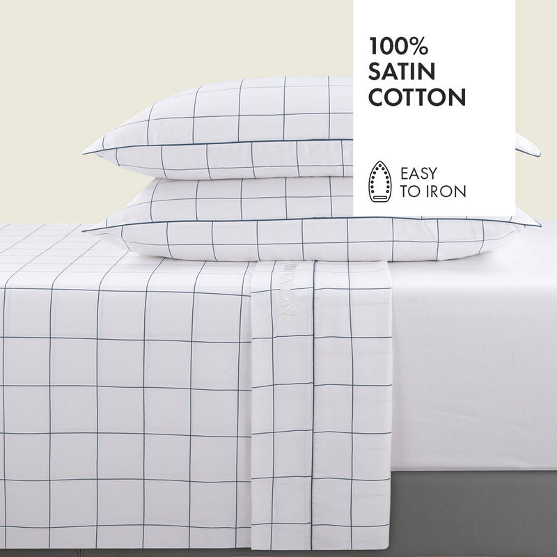 Ensemble De Draps Satin De Coton Motif À Carreaux Blanc / Bleu