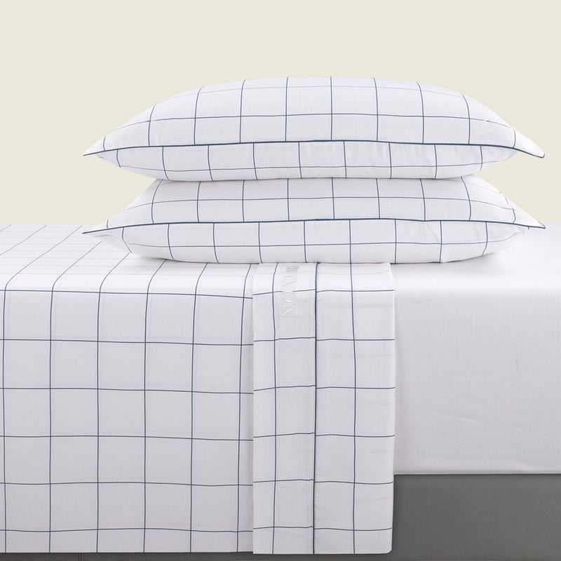 Ensemble De Draps Satin De Coton Motif À Carreaux Blanc / Bleu
