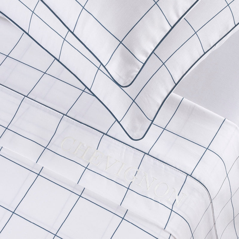 Ensemble De Draps Satin De Coton Motif À Carreaux Blanc / Bleu