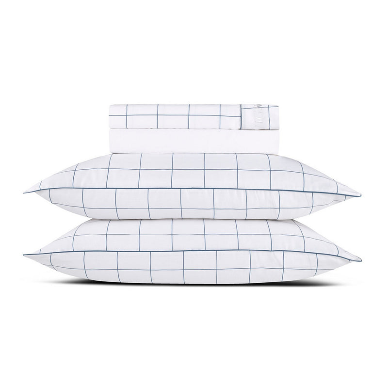 Ensemble De Draps Satin De Coton Motif À Carreaux Blanc / Bleu