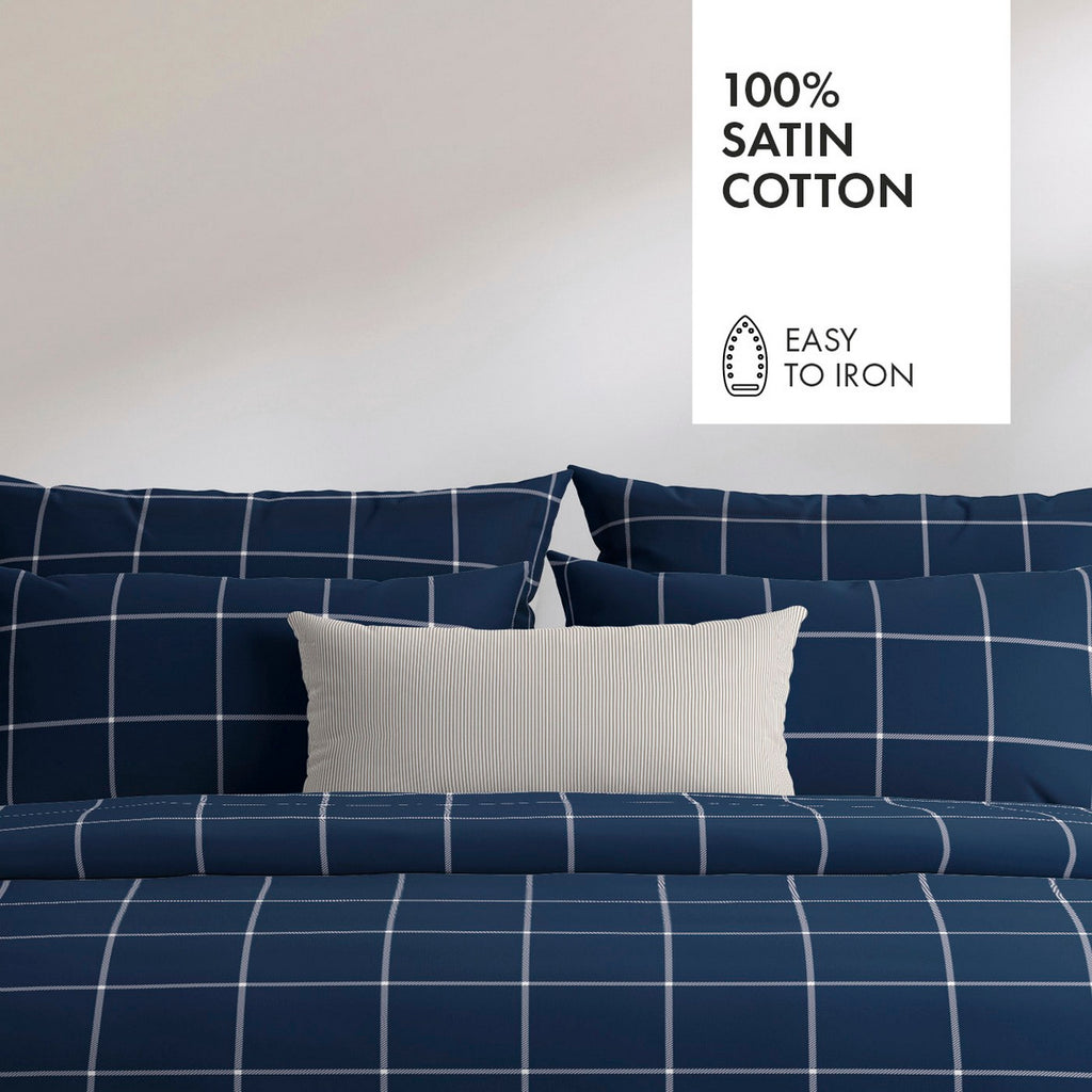 Housse De Couette + Taie D'Oreiller Satin De Coton - Arthur Bleu Foncé