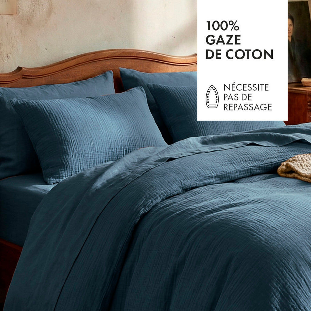 Taie D'Oreiller Gaze De Coton - Uni Bleu 14