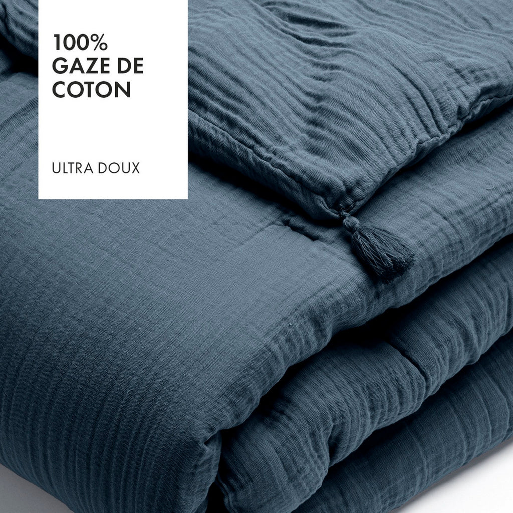 Édredon Avec Glands Gaze De Coton - Uni Bleu 14