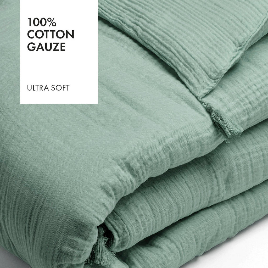 Édredon Avec Glands Gaze De Coton - Uni Vert 12