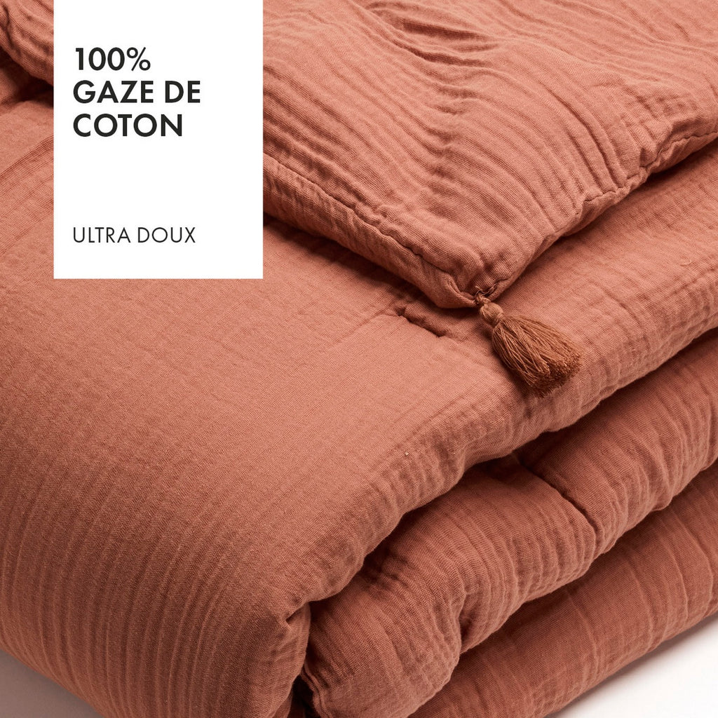 Édredon Avec Glands Gaze De Coton - Uni Terracotta 02