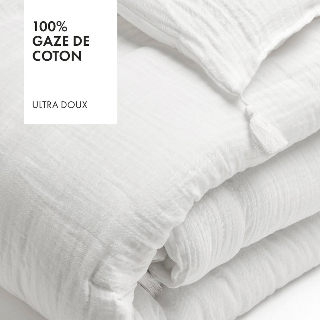 Édredon Avec Glands Gaze De Coton - Uni Blanc 02