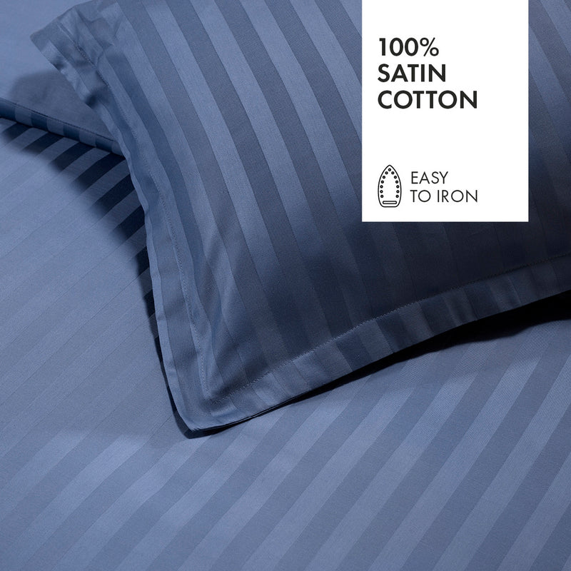 Housse De Couette + 2 Taies D'Oreiller Satin De Coton Rayure Tissé Jacquard Bleu