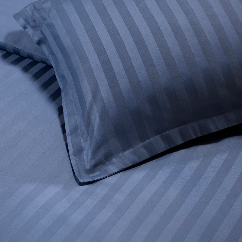 Housse De Couette + 2 Taies D'Oreiller Satin De Coton Rayure Tissé Jacquard Bleu