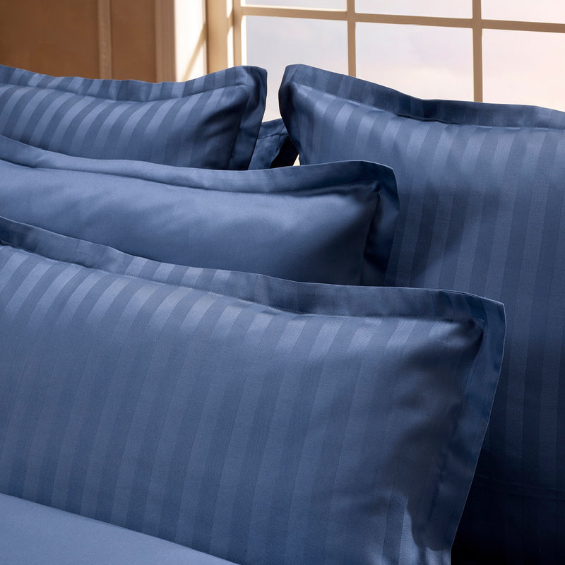 Housse De Couette + 2 Taies D'Oreiller Satin De Coton Rayure Tissé Jacquard Bleu