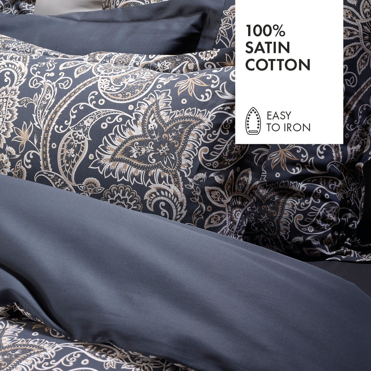Cotton Sateen Duvet Cover + Pillowcase - Paisley Grey / Taupe