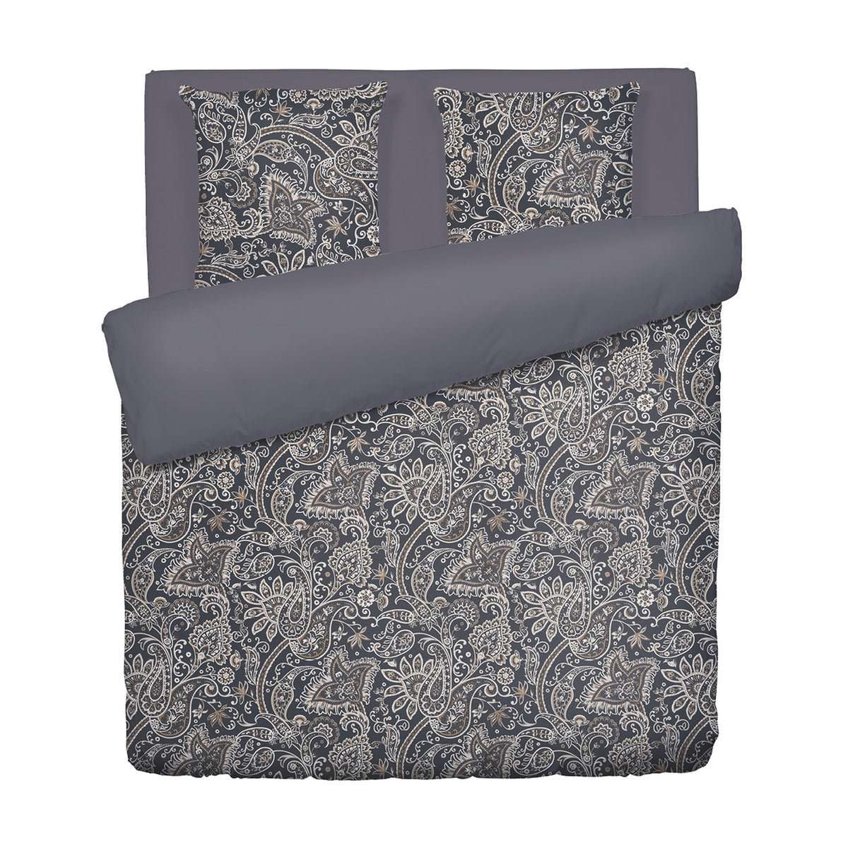 Copripiumino + 2 Federe In Raso Di Cotone - Paisley Grigio / Tortora