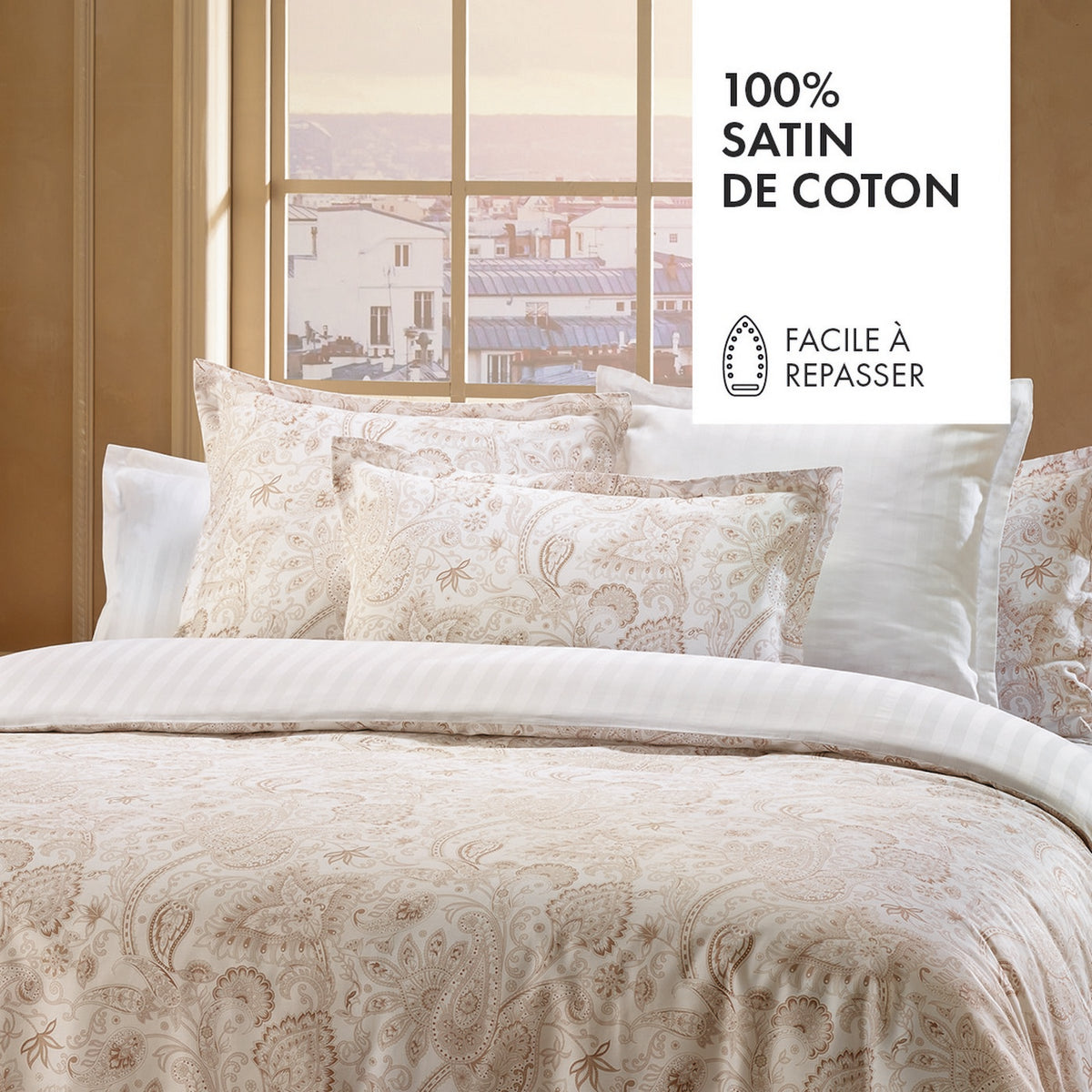 Housse De Couette + Taie D'Oreiller Satin De Coton - Paisley Taupe