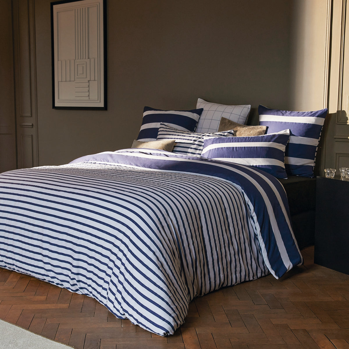 Housse De Couette + 2 Taies D'Oreiller Satin De Coton - Horizon Bleu