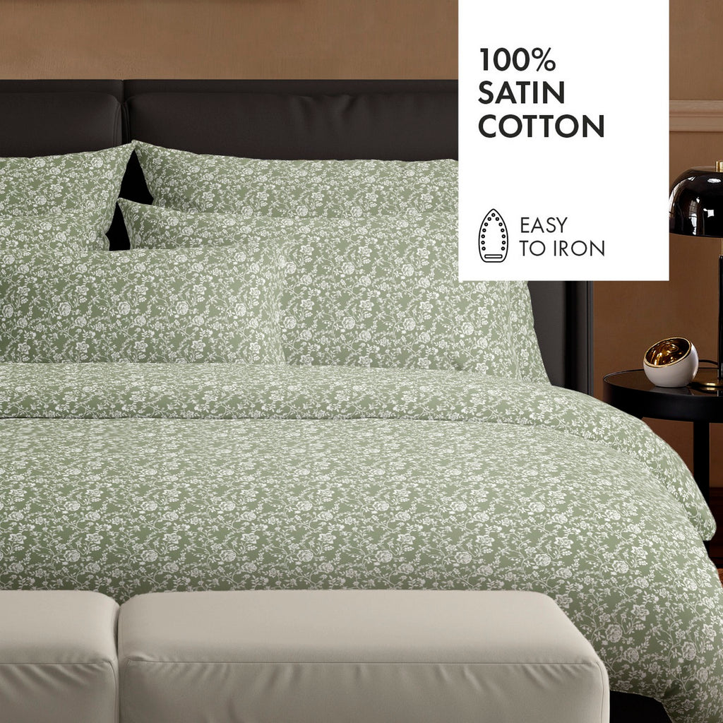 Set De 2 Taies D'Oreiller Satin De Coton - Fleurs Vert