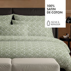 Set De 2 Taies D'Oreiller Satin De Coton - Fleurs Vert