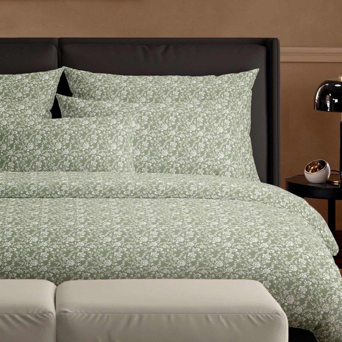 Set De 2 Taies D'Oreiller Satin De Coton - Fleurs Vert