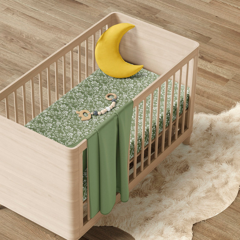 Drap Plat Bébé Satin De Coton - Fleurs Vert