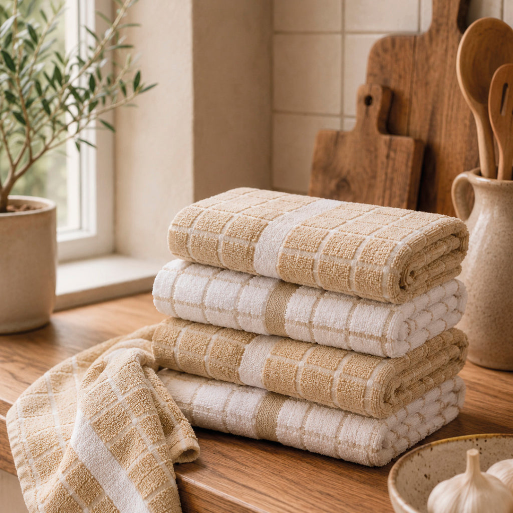 Strofinaccio da Cucina in Cotone Pettinato Zt - Tessitura Bianco / Taupe
