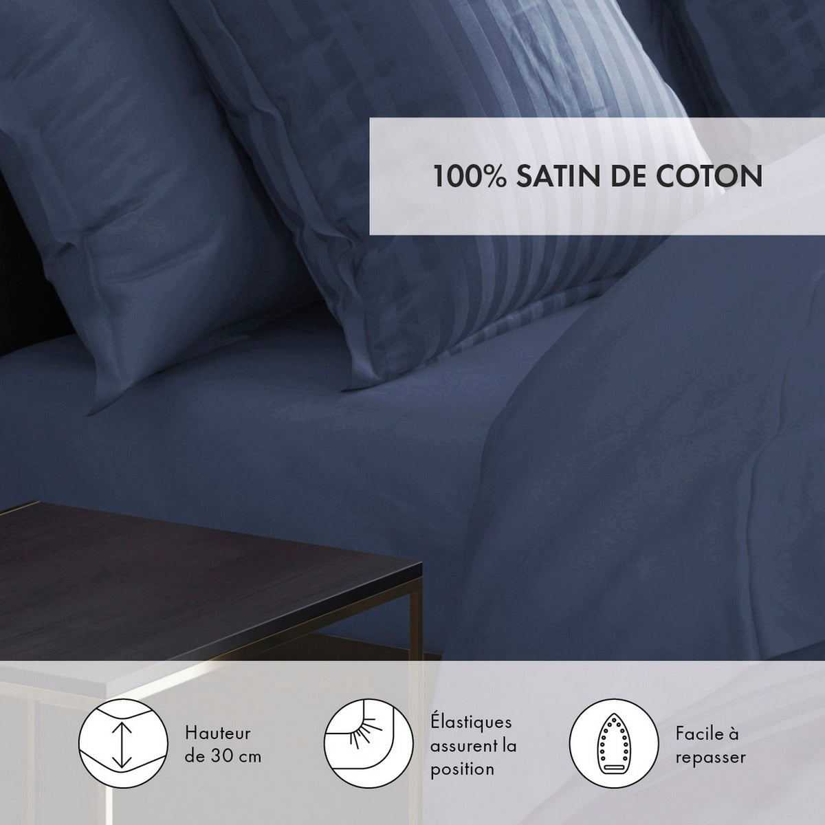 Drap-Housse Satin De Coton - Bleu Foncé - Uni