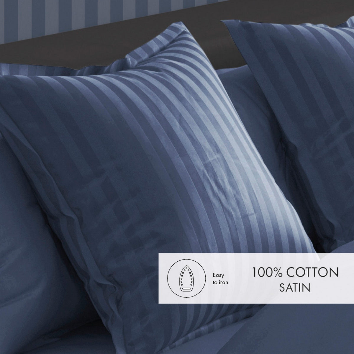 Set Of 2 Dobby Stripe Woven Cotton Satin Pillowcases - Blue - Dobby Stripe Woven