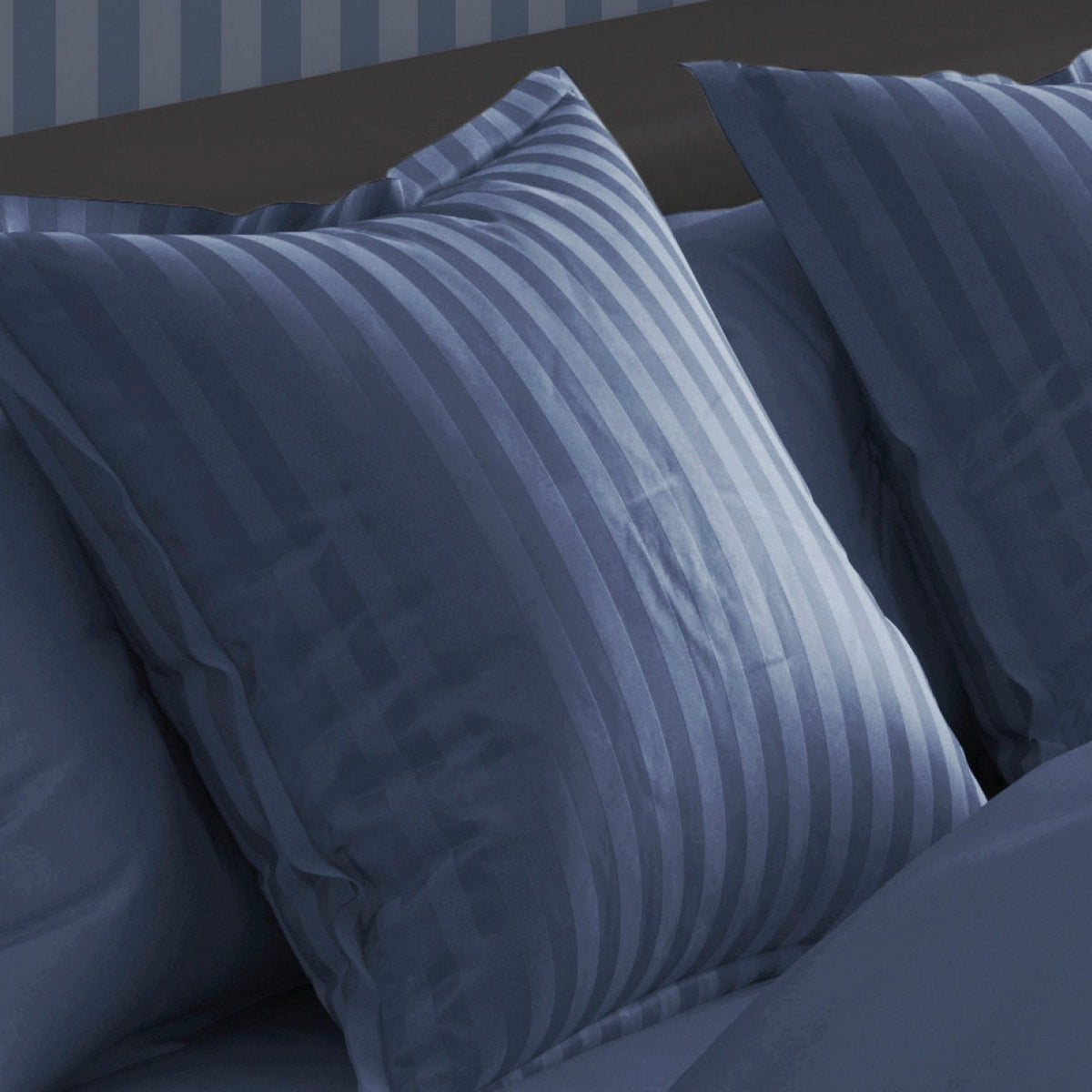 Set Of 2 Dobby Stripe Woven Cotton Satin Pillowcases - Blue - Dobby Stripe Woven