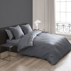 Dobby Stripe Woven Cotton Sateen Duvet Cover + Pillowcases - Dark Gray - Dobby Stripe Woven
