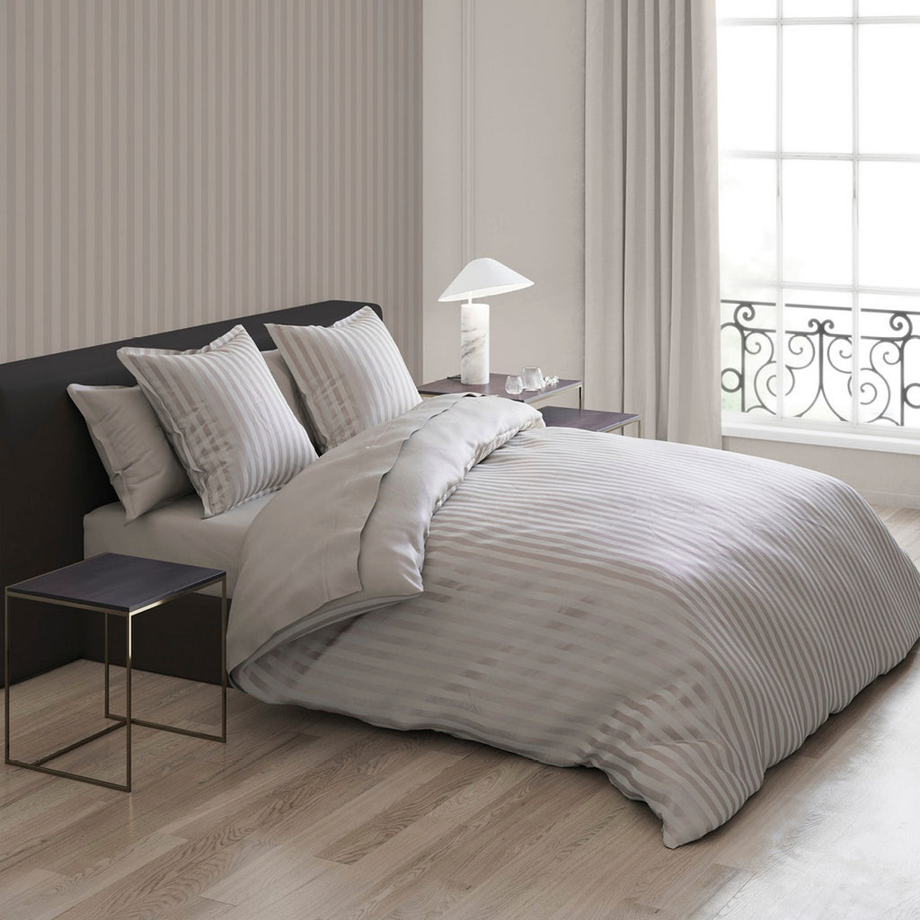Housse De Couette + Taies D'Oreiller Satin De Coton Rayure Tissé Dobby - Taupe - Dobby Stripe Woven