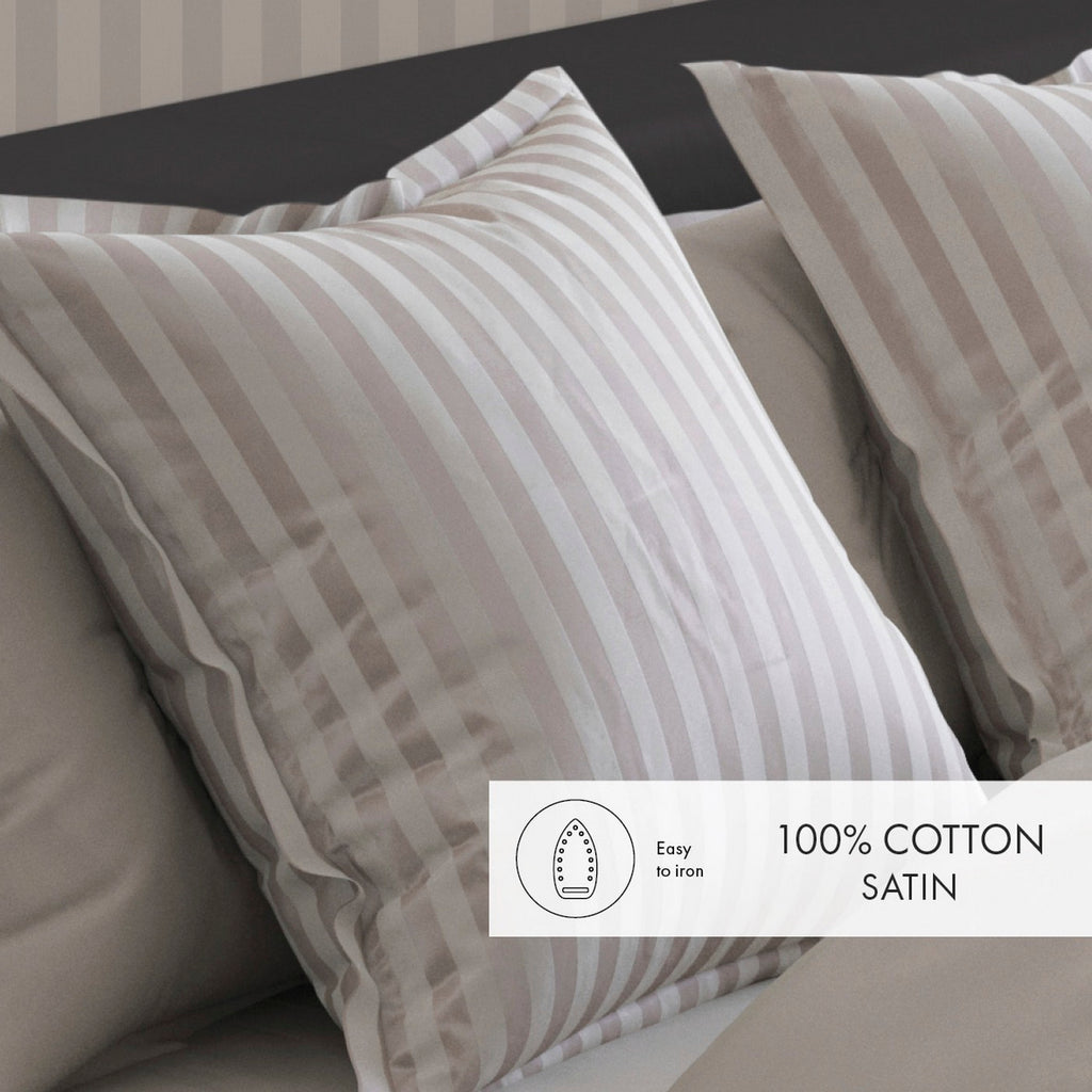 Set Of 2 Dobby Stripe Woven Cotton Satin Pillowcases - Taupe - Dobby Stripe Woven