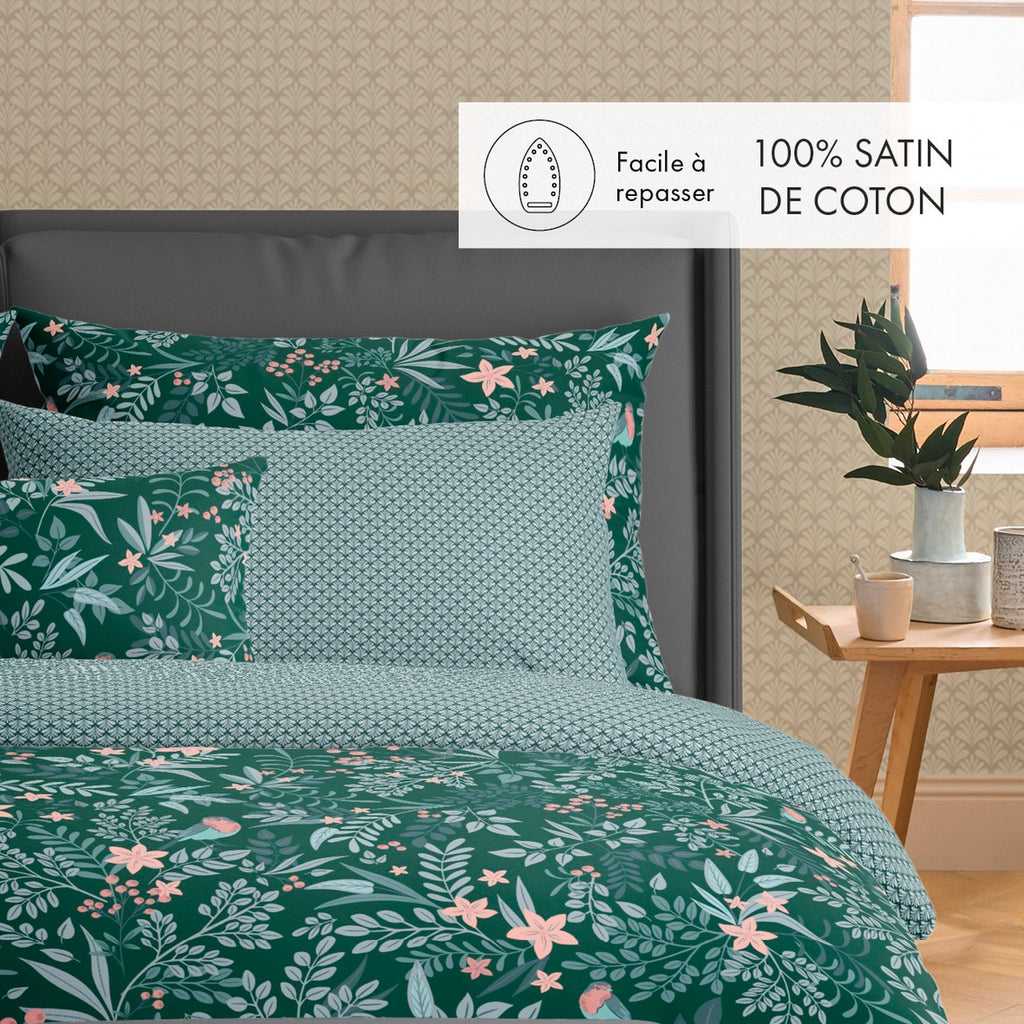 Set De 2 Fundas De Almohada Satén De Algodón - Verde - Harmonie Des Oiseaux