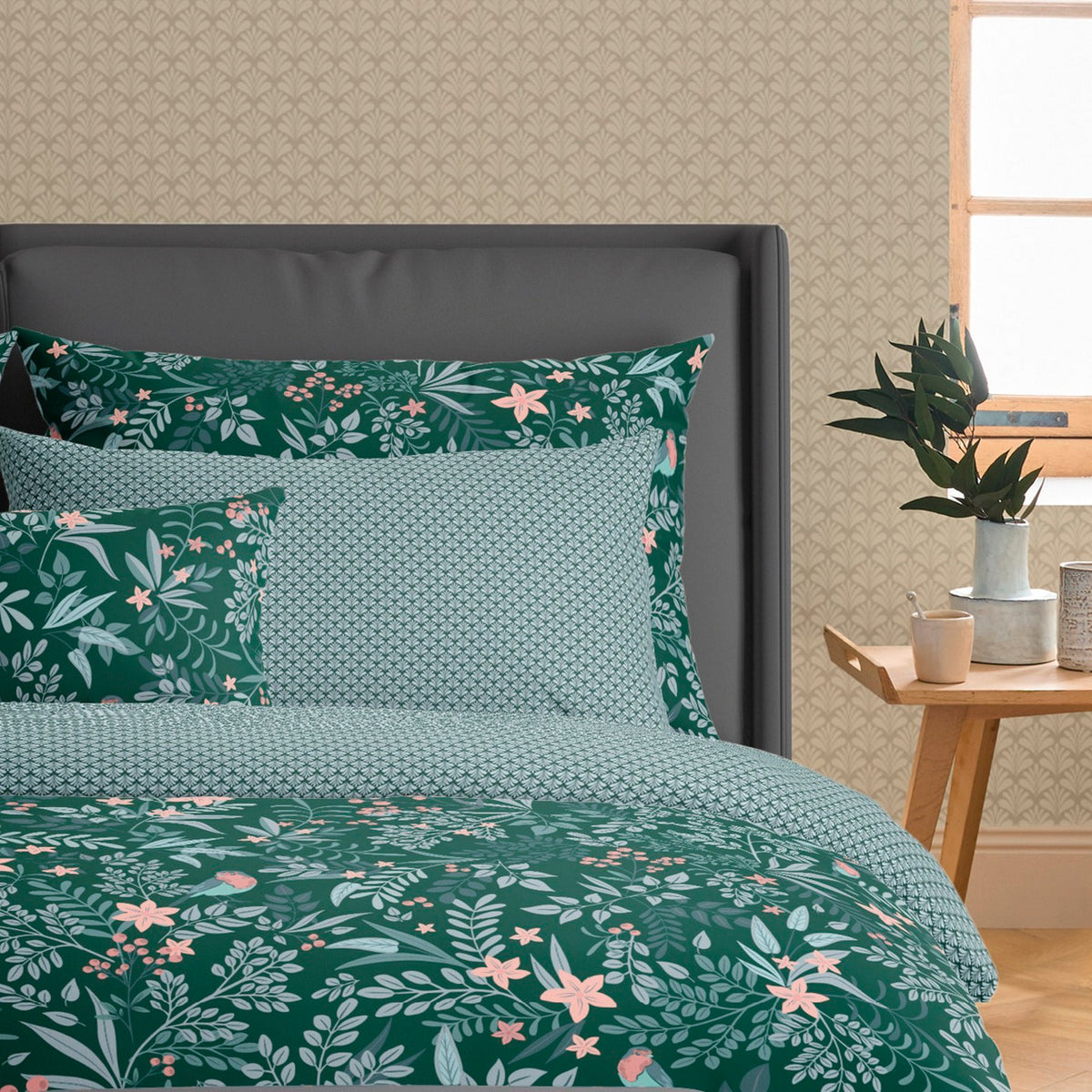 Set De 2 Fundas De Almohada Satén De Algodón - Verde - Harmonie Des Oiseaux