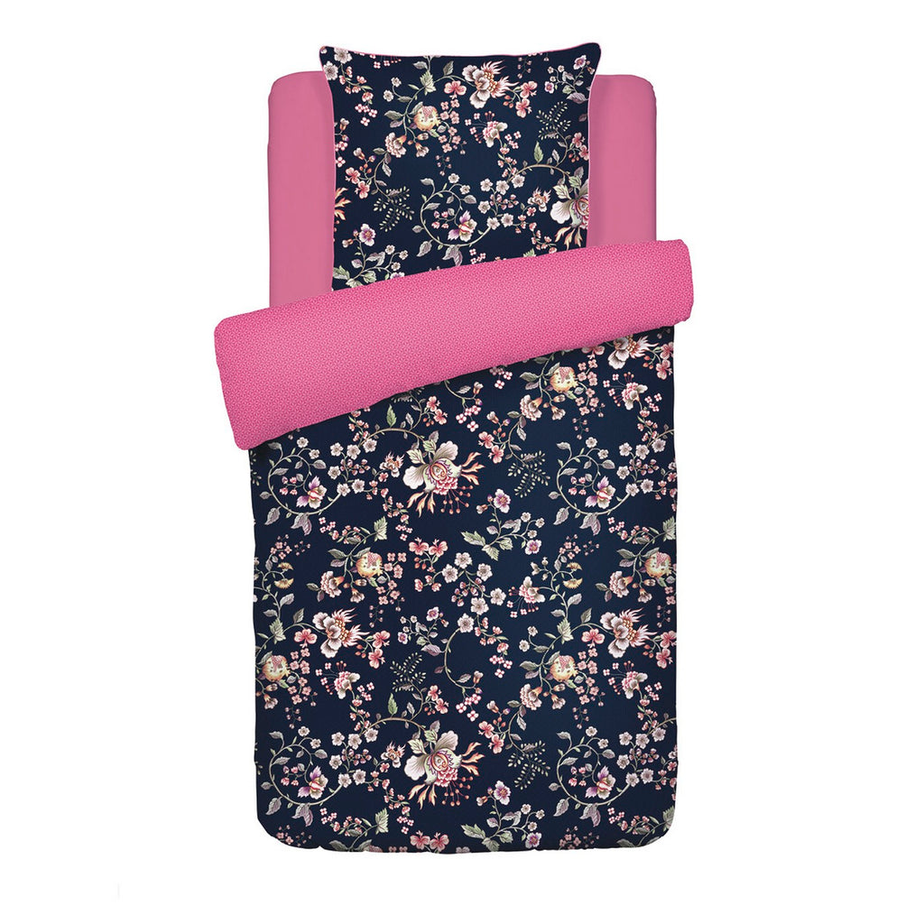Funda Nórdica + Fundas De Almohada Satén De Algodón - Azul Oscuro / Rosa - Murmullo Floral