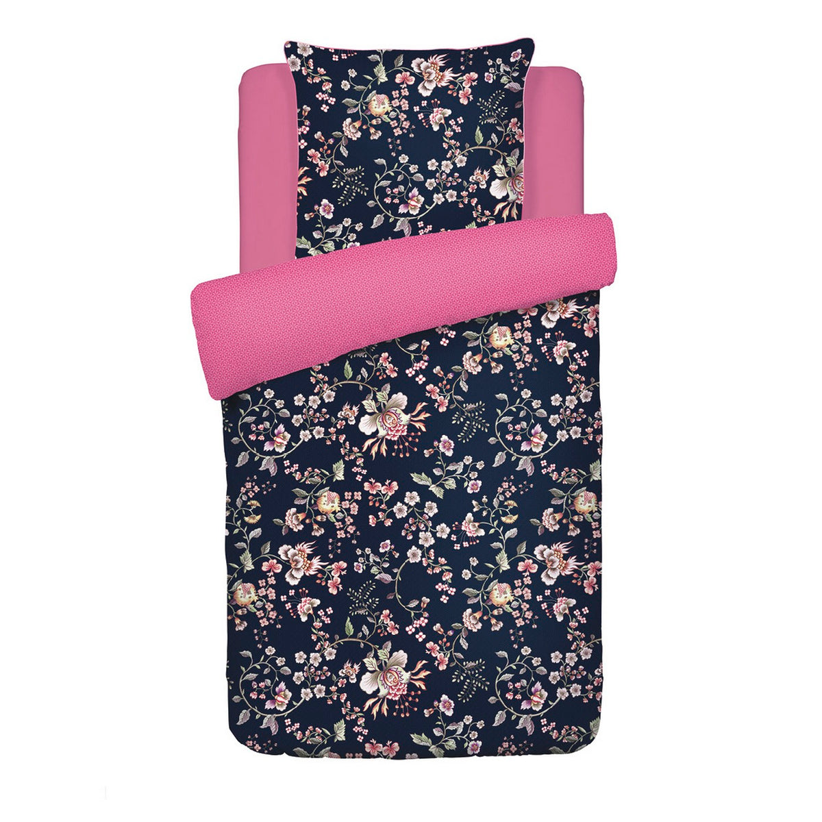 Funda Nórdica + Fundas De Almohada Satén De Algodón - Azul Oscuro / Rosa - Murmullo Floral