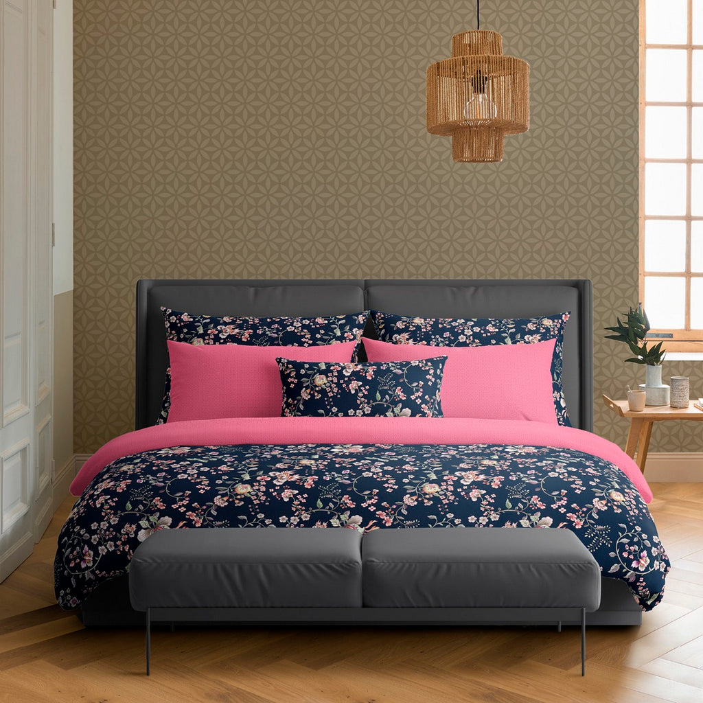 Funda Nórdica + Fundas De Almohada Satén De Algodón - Azul Oscuro / Rosa - Murmullo Floral