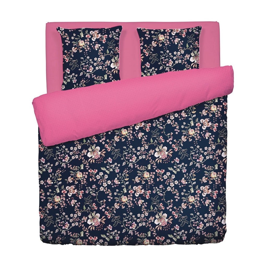 Funda Nórdica + Fundas De Almohada Satén De Algodón - Azul Oscuro / Rosa - Murmullo Floral
