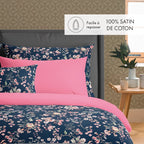 Set De 2 Taies D'Oreiller Satin De Coton - Bleu Foncé / Rose - Murmure Floral