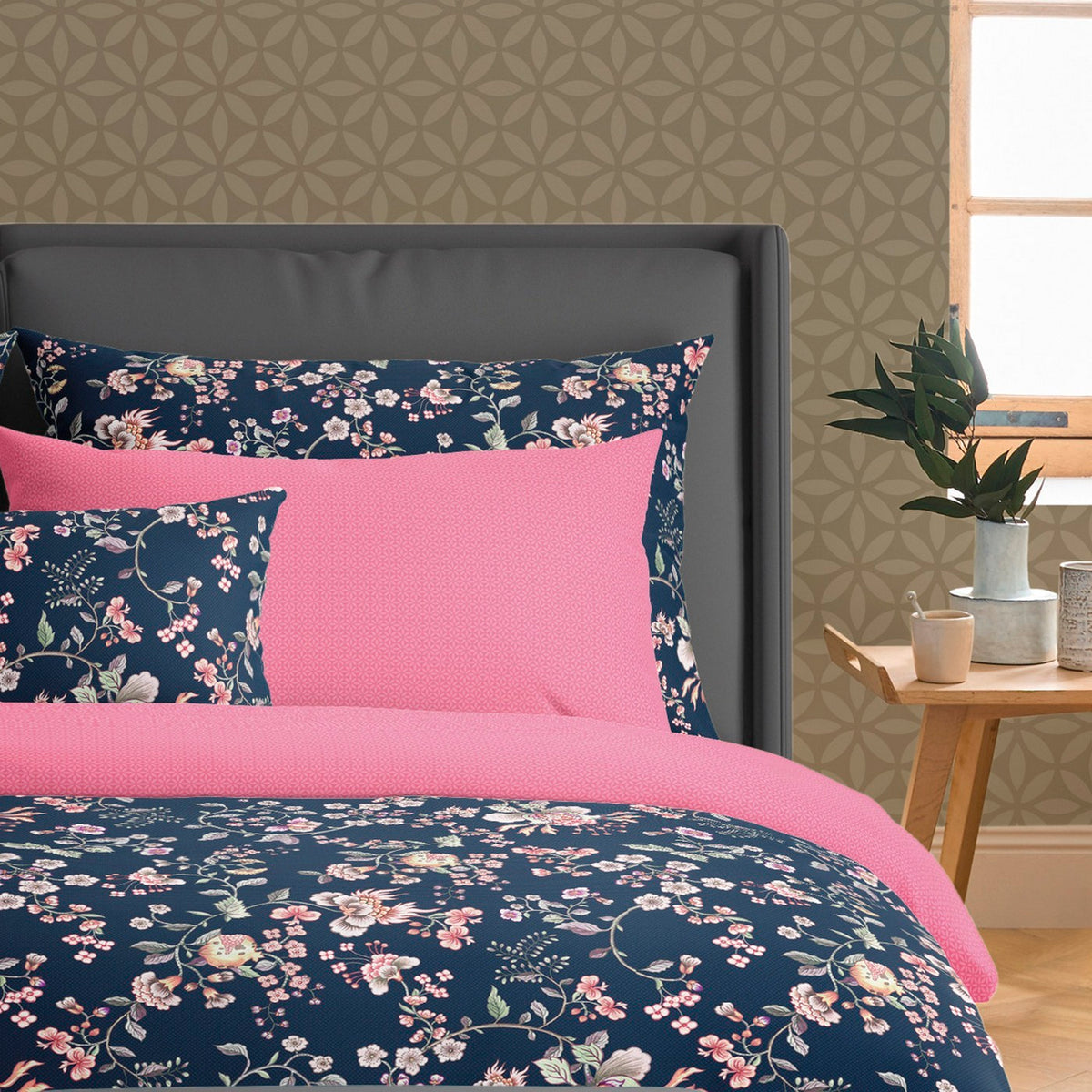 Set De 2 Taies D'Oreiller Satin De Coton - Bleu Foncé / Rose - Murmure Floral