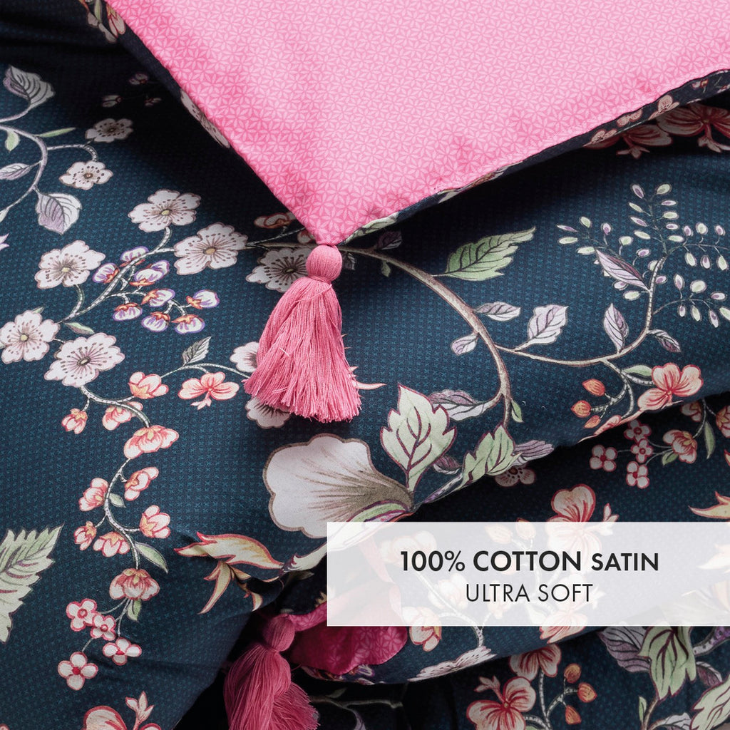 Quilt With Tassels - Dark Blue / Pink - Whisper Floral